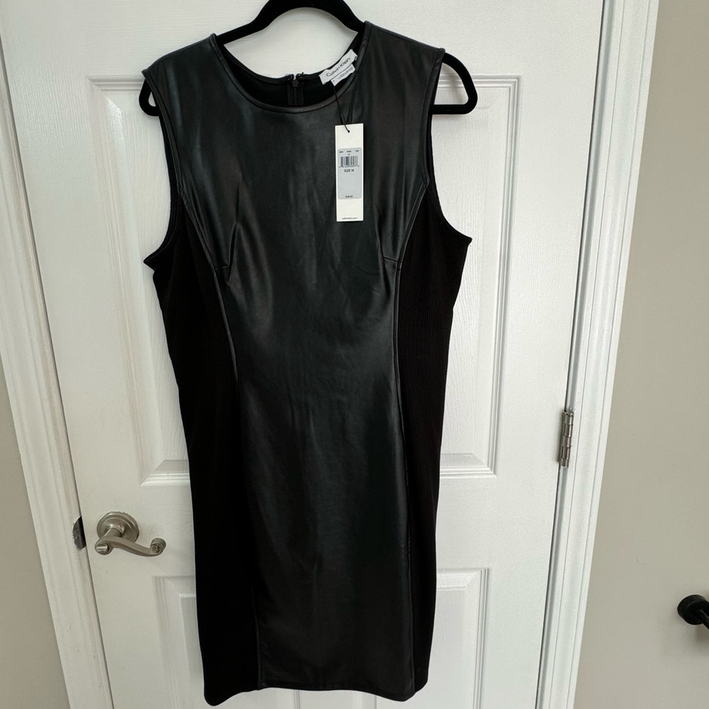 NWT Calvin Klein, black leather sheath dress, 14